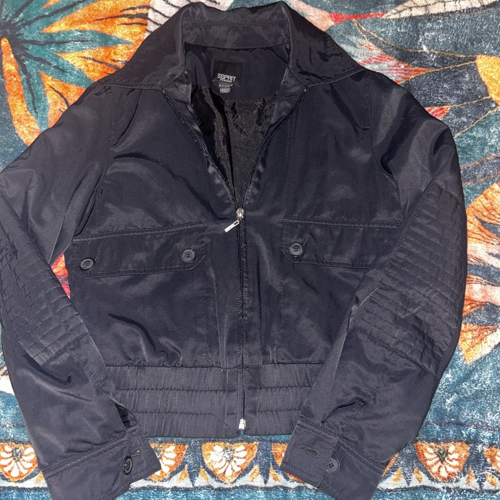 Chic Black Esprit Zip-Up Jacket With Embroidery on Back